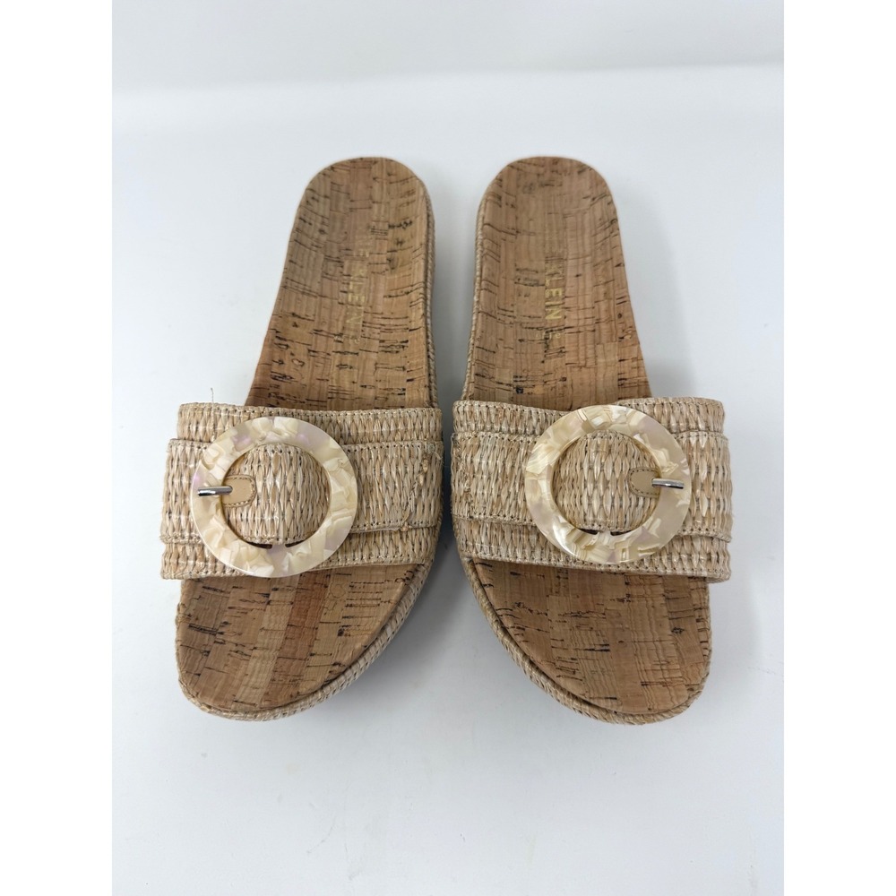 Anne Klein Akversa Tan Woven Paper Cork Platform Slide Sandals Womens‎ 8M Buckle